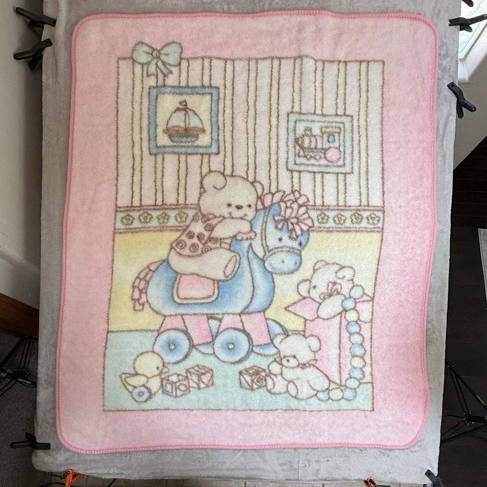 Vtg Baby Blanket Teddy Bear Rocking Horse Chick Pink Mink Kawaii Plush Bow Korea